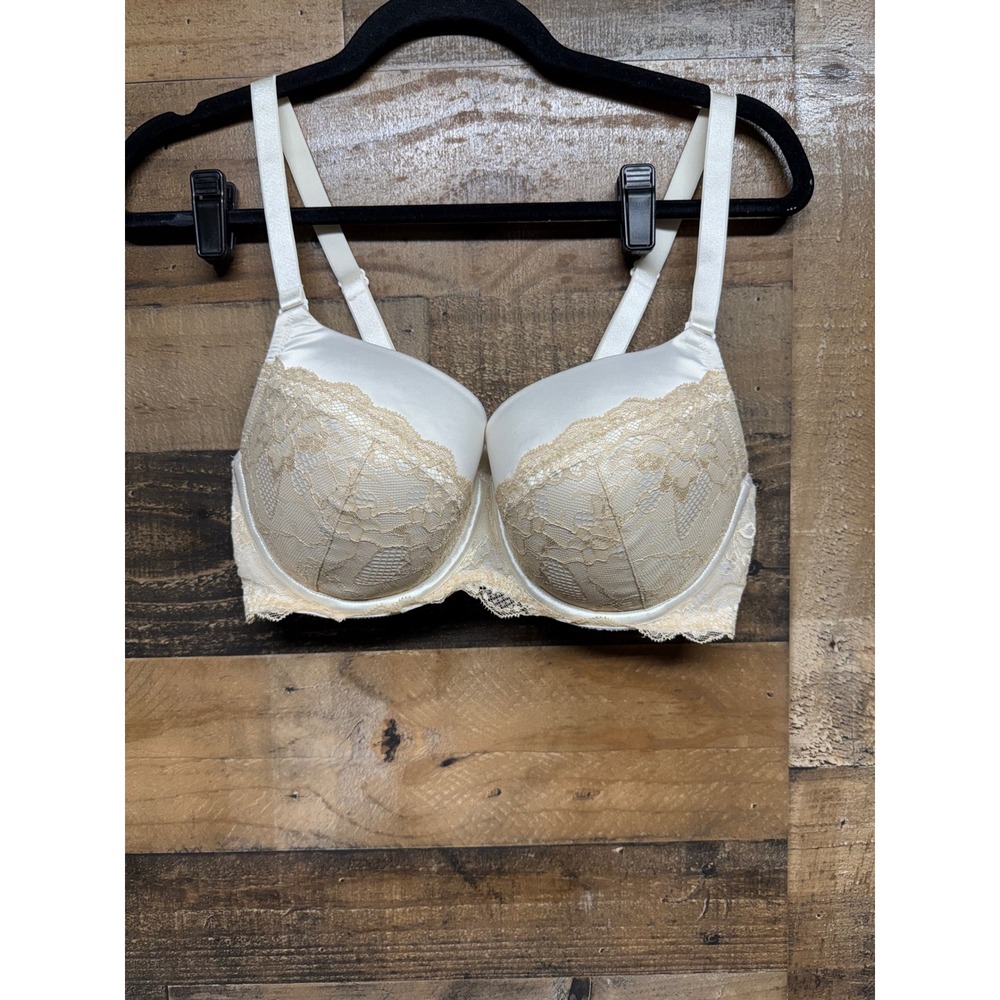 Cacique Ivory Floral Lace Balconette Underwire Bra 38D White Satin Trim